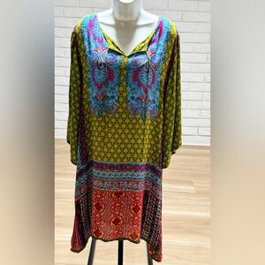 Boho Mixed-Print Maxi Dress in Olive & Turquoise